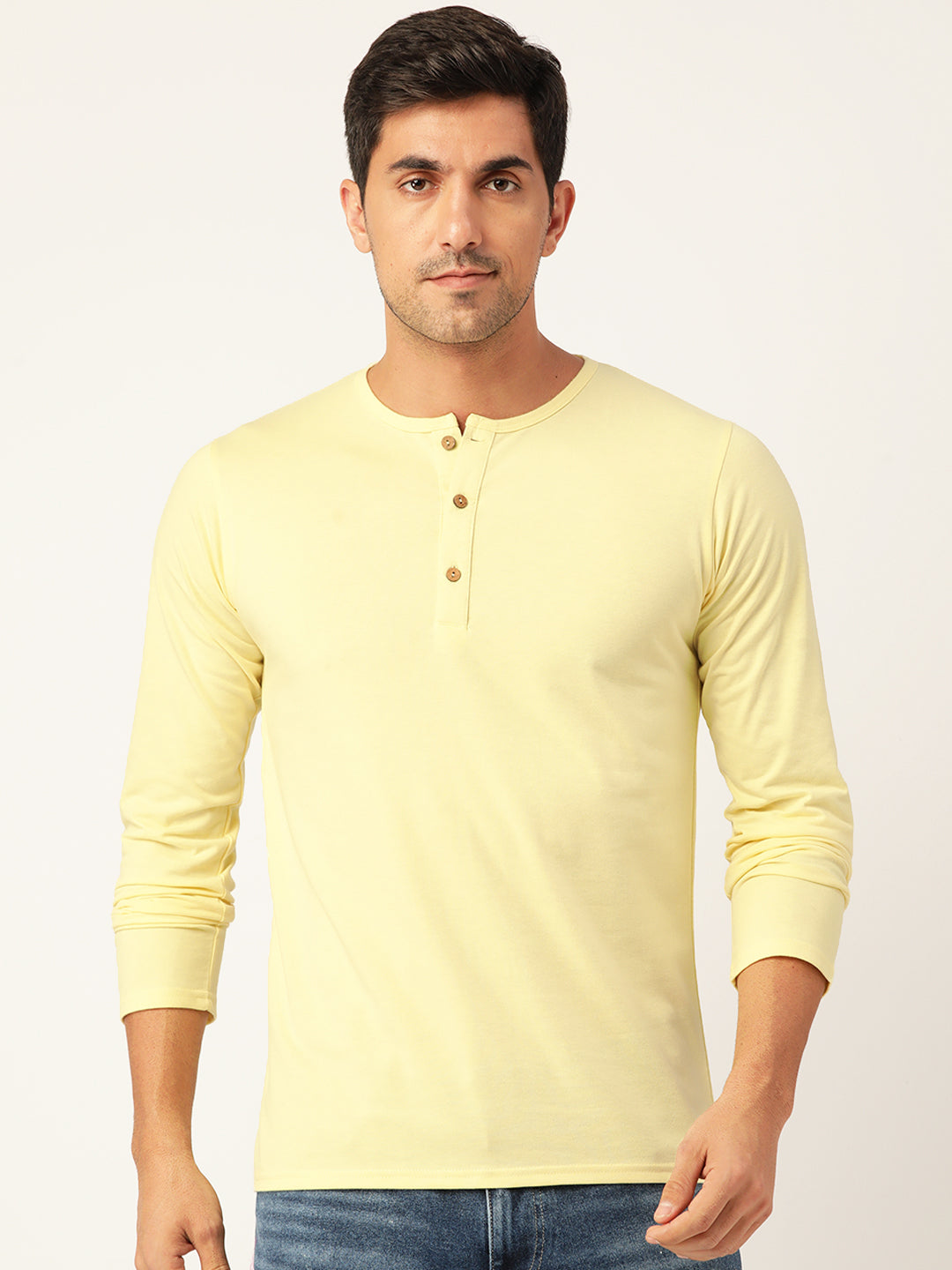 Plain Lemon Yellow Henley Full Sleeves T-Shirt