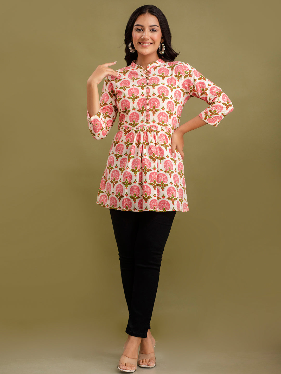 Floral Printed Pure Cotton Pleated A-Line Kurti FRKT6222