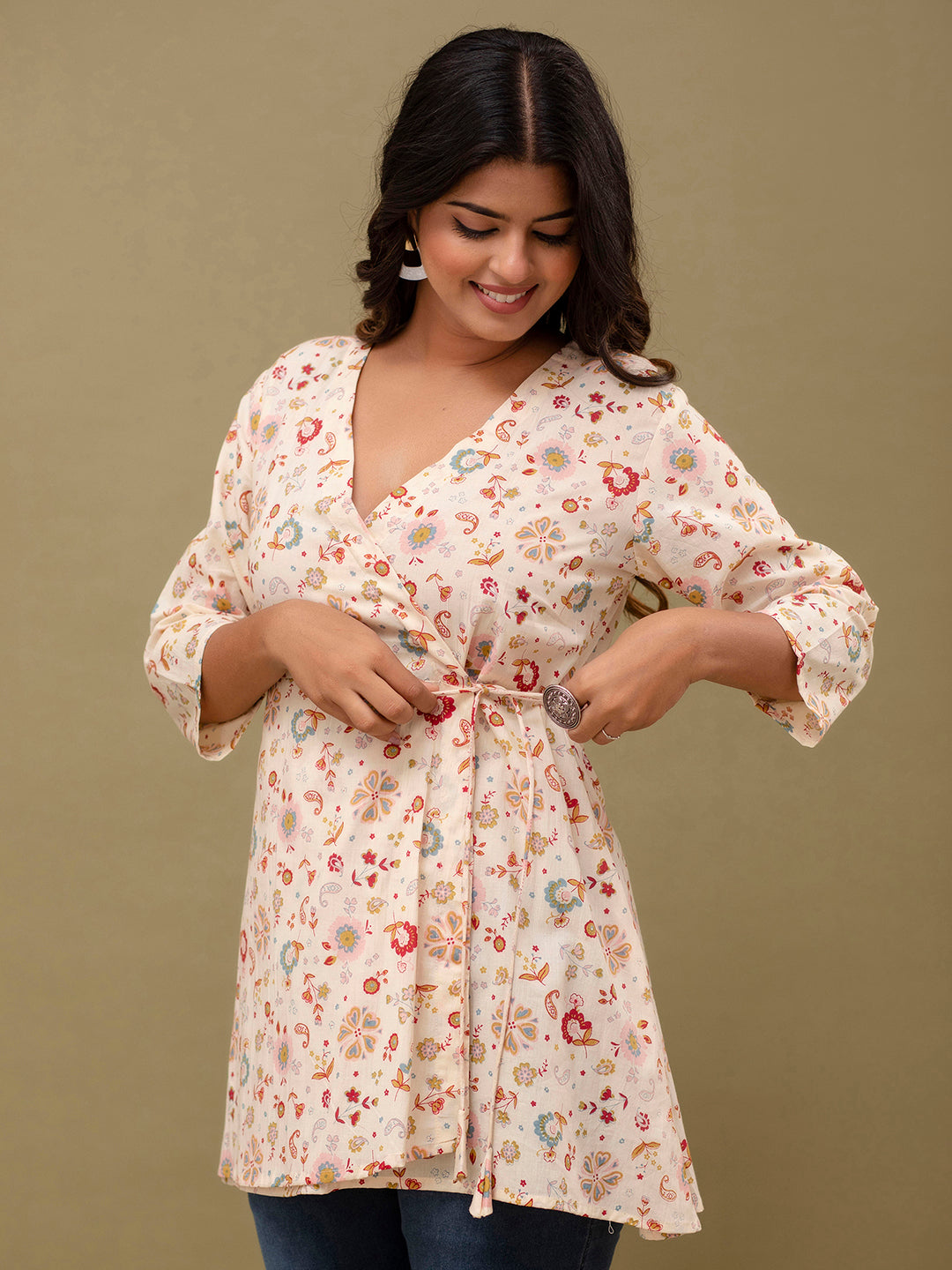 Floral Printed V-Neck Pure Cotton Angrakha A-Line Kurti FRKT6272
