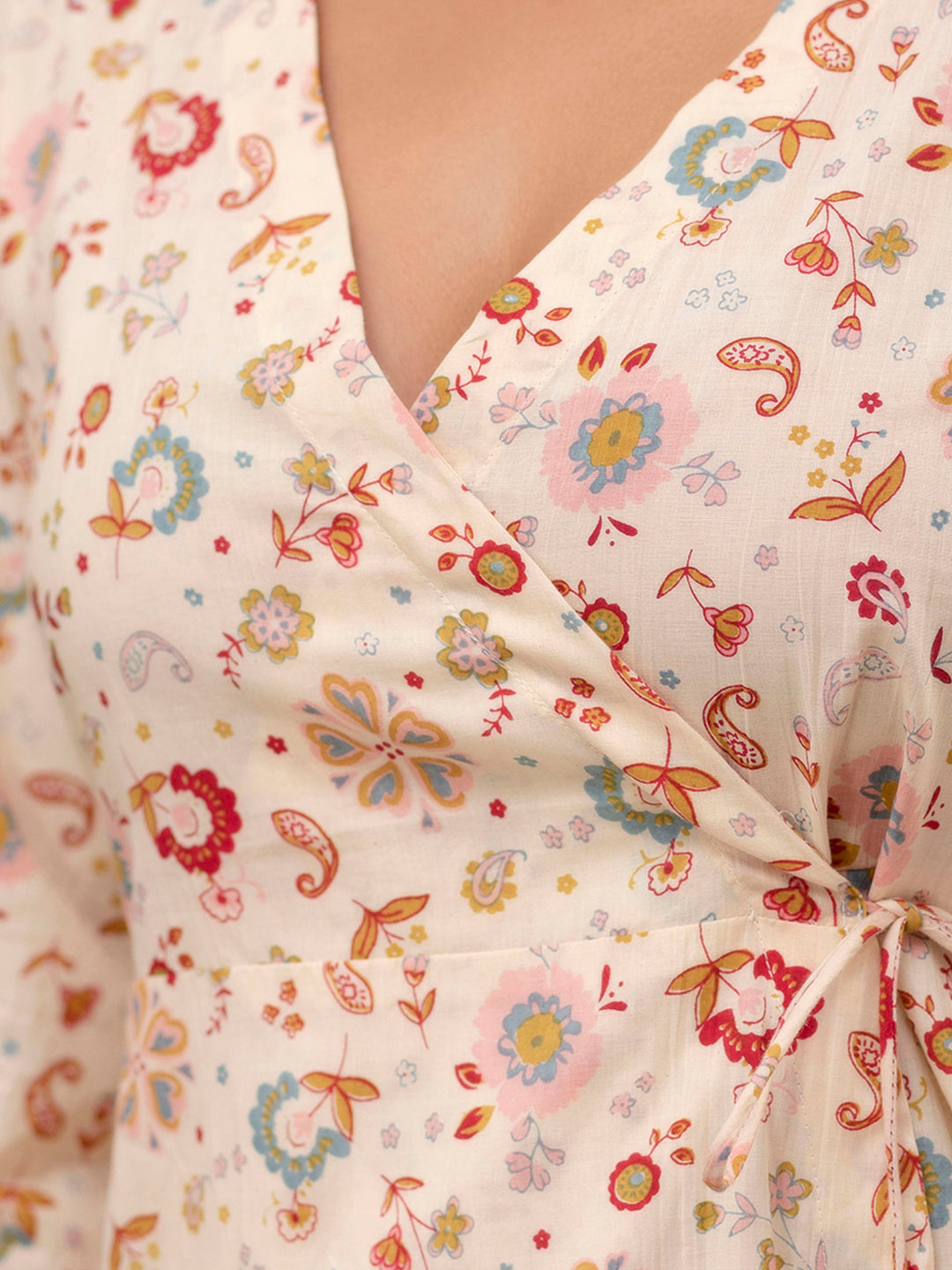 Floral Printed V-Neck Pure Cotton Angrakha A-Line Kurti FRKT6272