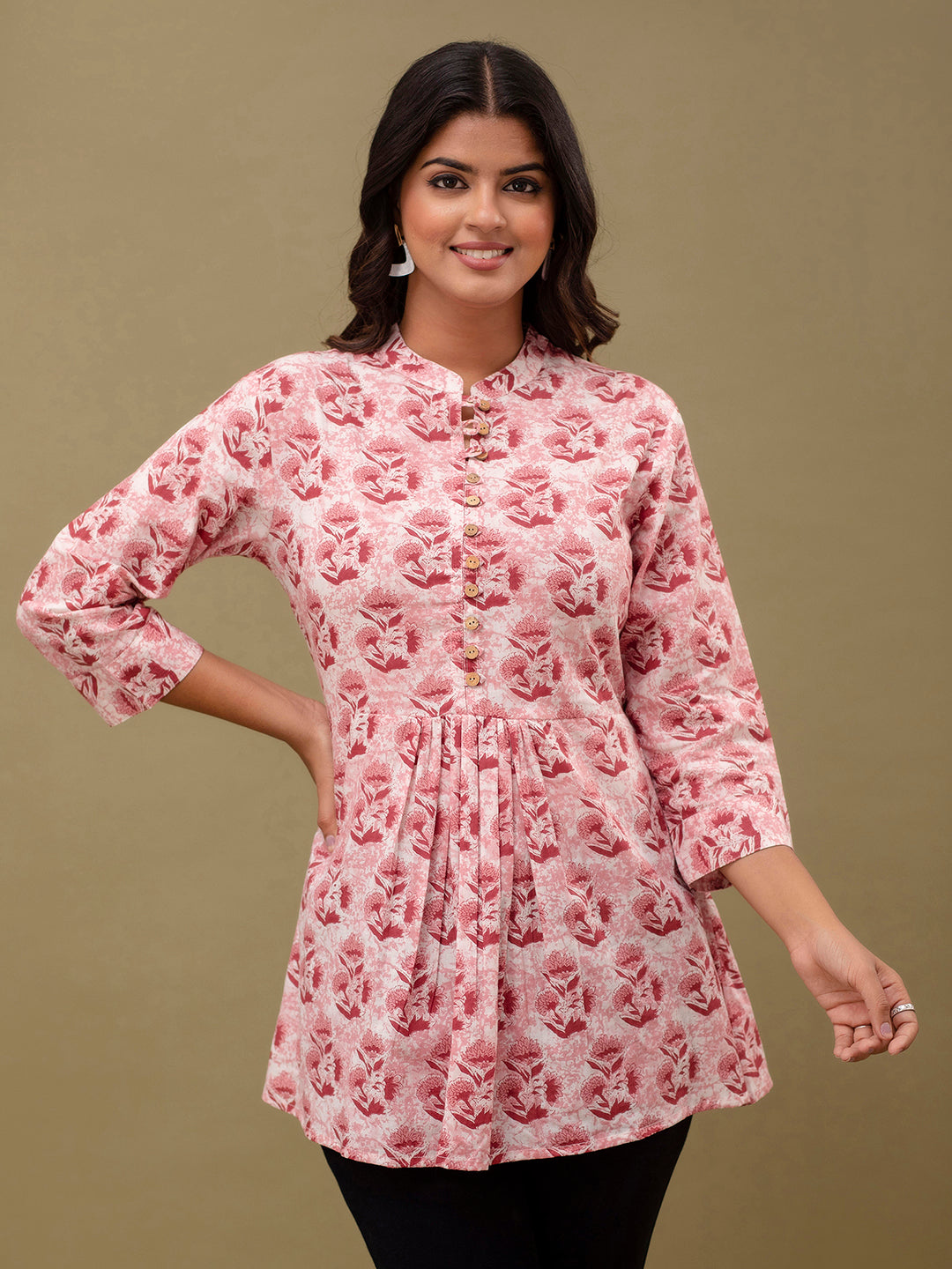 Floral Printed Pure Cotton Pleated A-Line Kurti FRKT6233