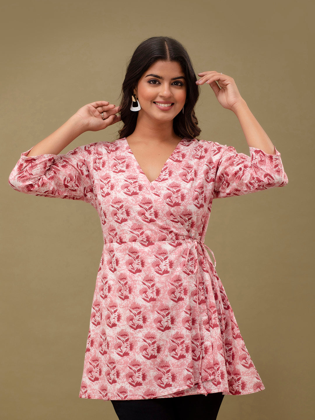 Floral Printed V-Neck Pure Cotton Angrakha A-Line Kurti FRKT6274