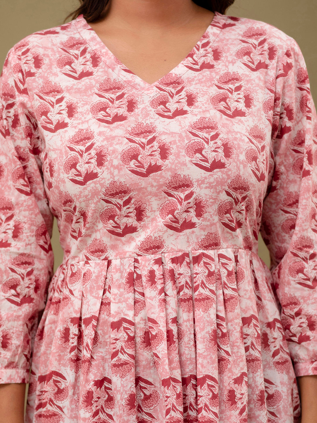 Floral Printed V-Neck Pure Cotton Pleated A-Line Kurti FRKT6296