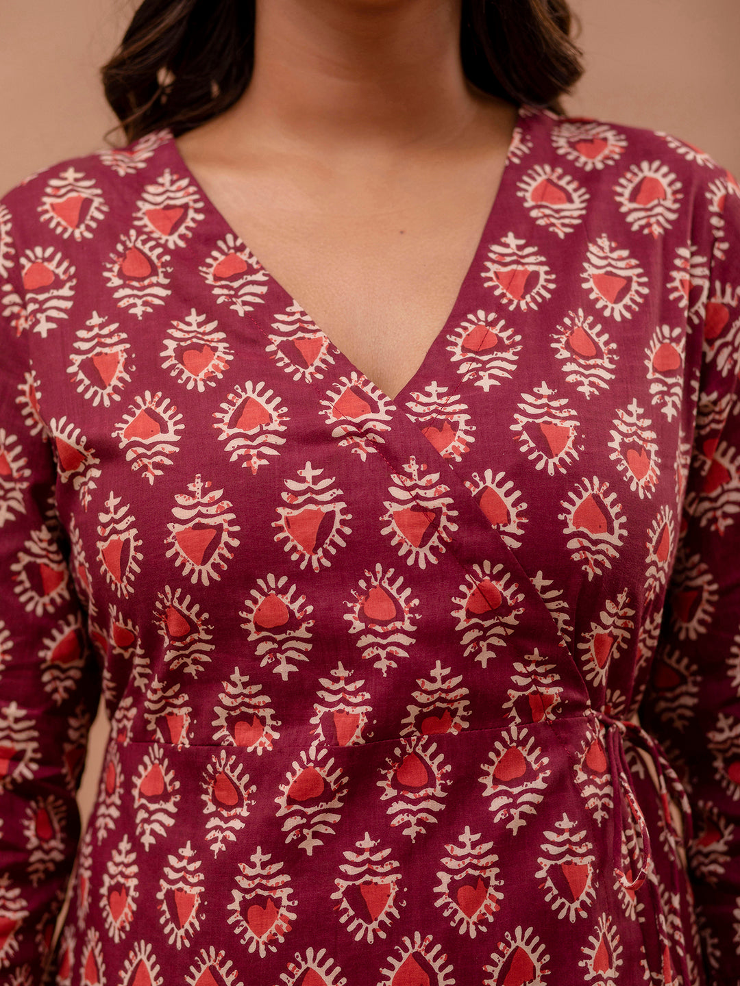 Floral Printed V-Neck Pure Cotton Angrakha A-Line Kurti FRKT6275