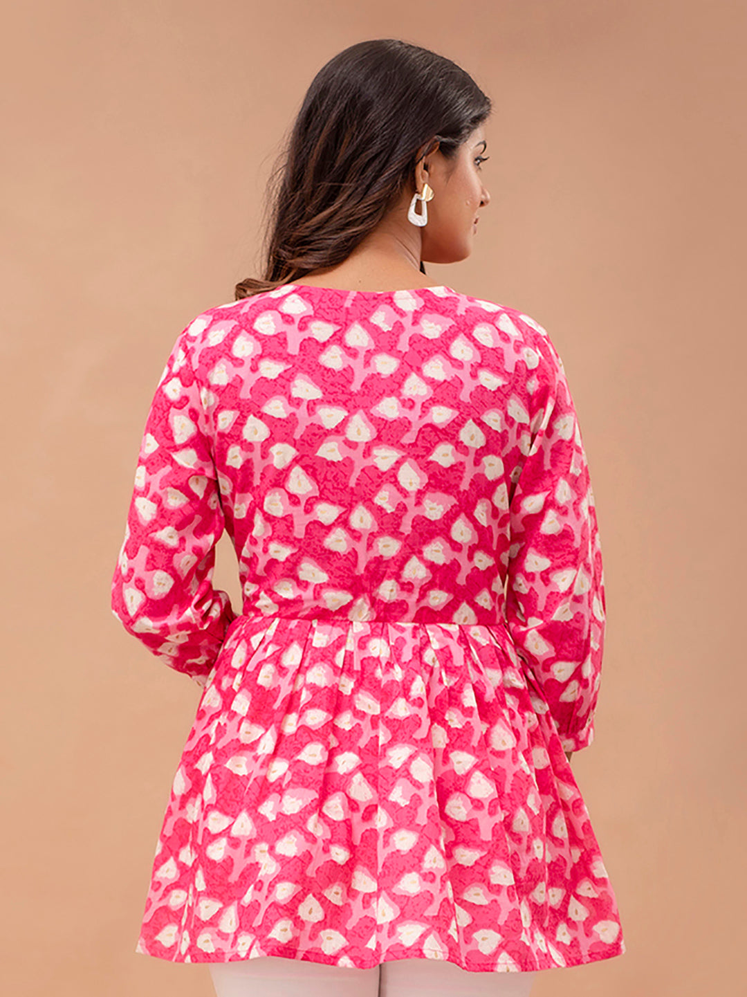 Floral Printed V-Neck Pure Cotton Pleated A-Line Kurti FRKT6297