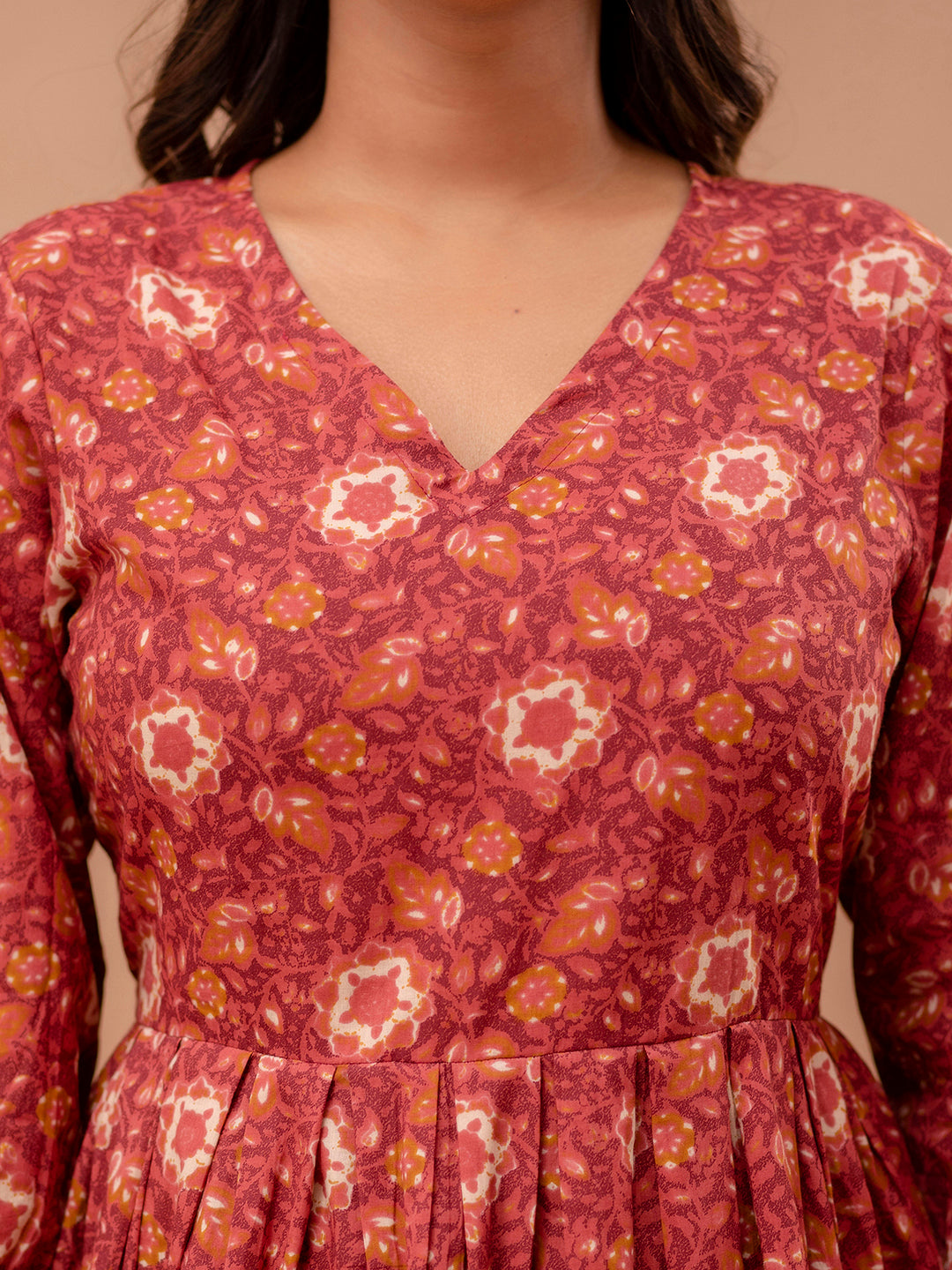 Floral Printed V-Neck Pure Cotton Pleated A-Line Kurti FRKT6298