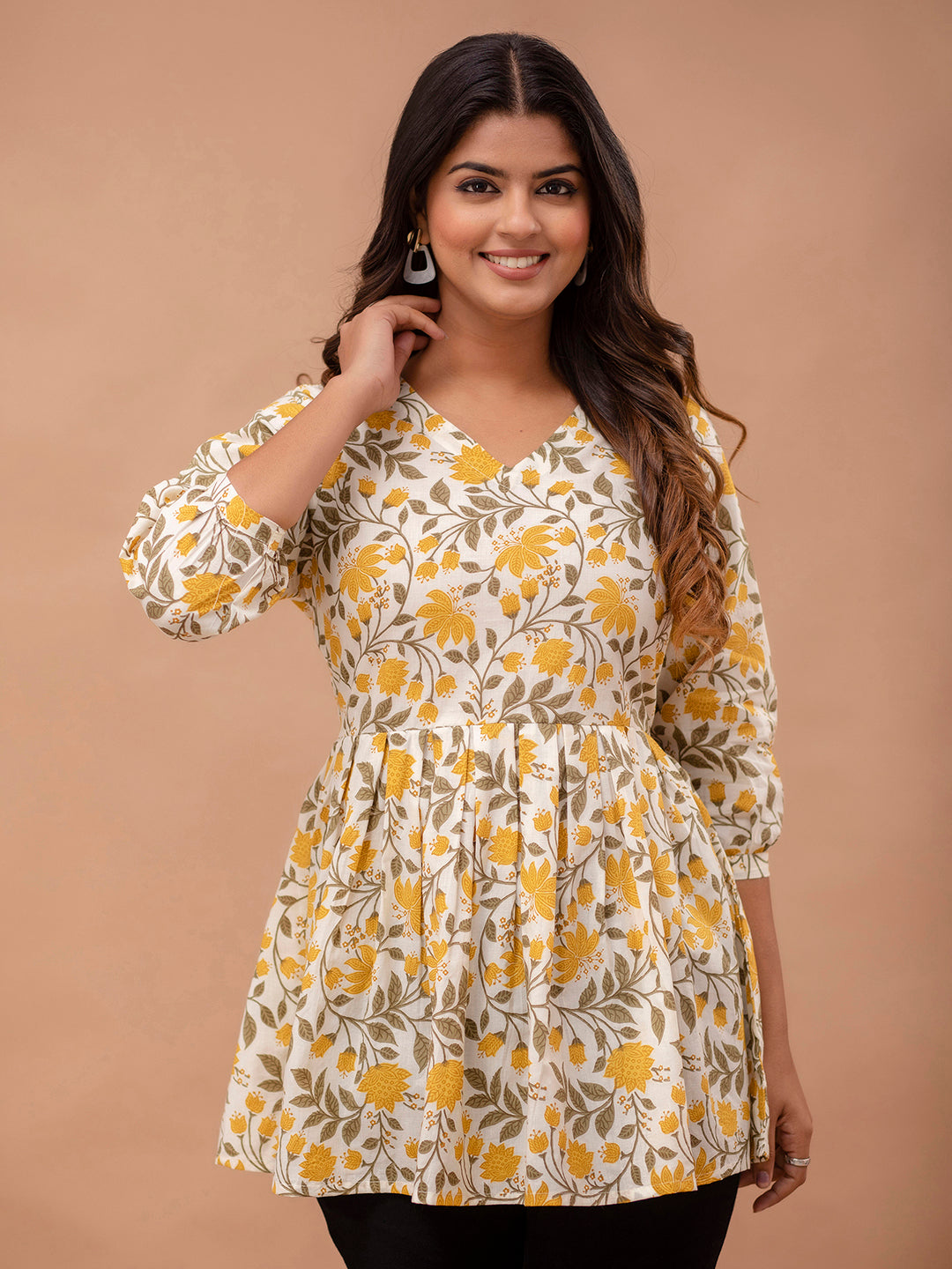 Floral Printed V-Neck Pure Cotton Pleated A-Line Kurti FRKT6299