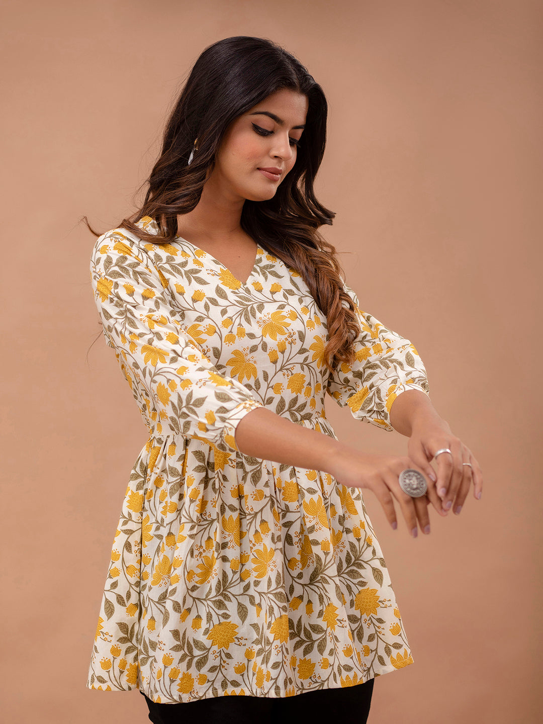 Floral Printed V-Neck Pure Cotton Pleated A-Line Kurti FRKT6299