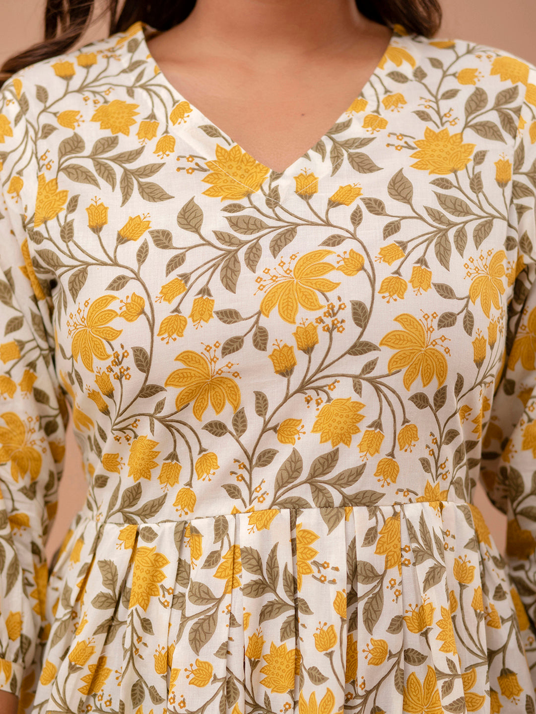 Floral Printed V-Neck Pure Cotton Pleated A-Line Kurti FRKT6299