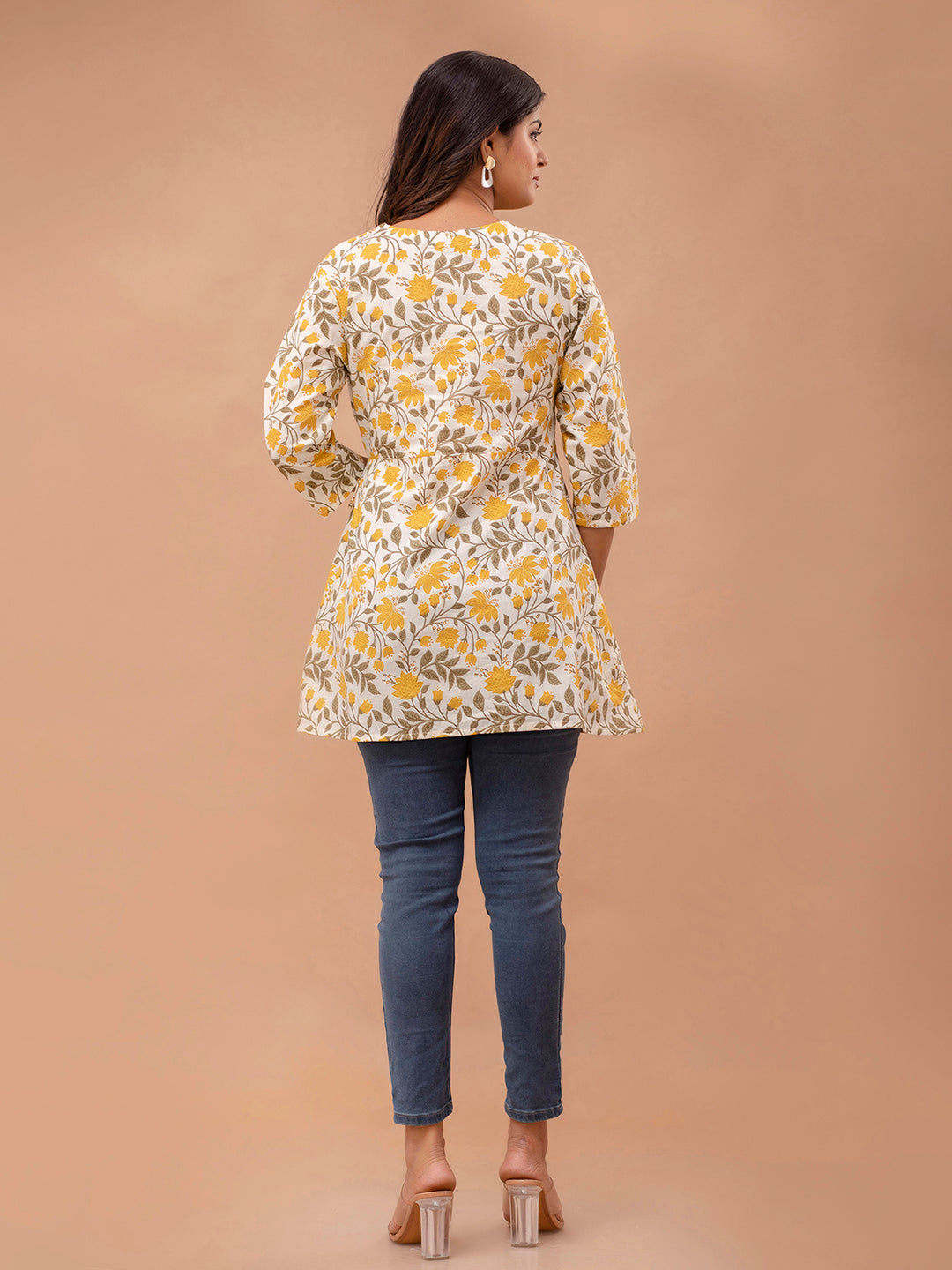 Floral Printed V-Neck Pure Cotton Angrakha A-Line Kurti FRKT6277