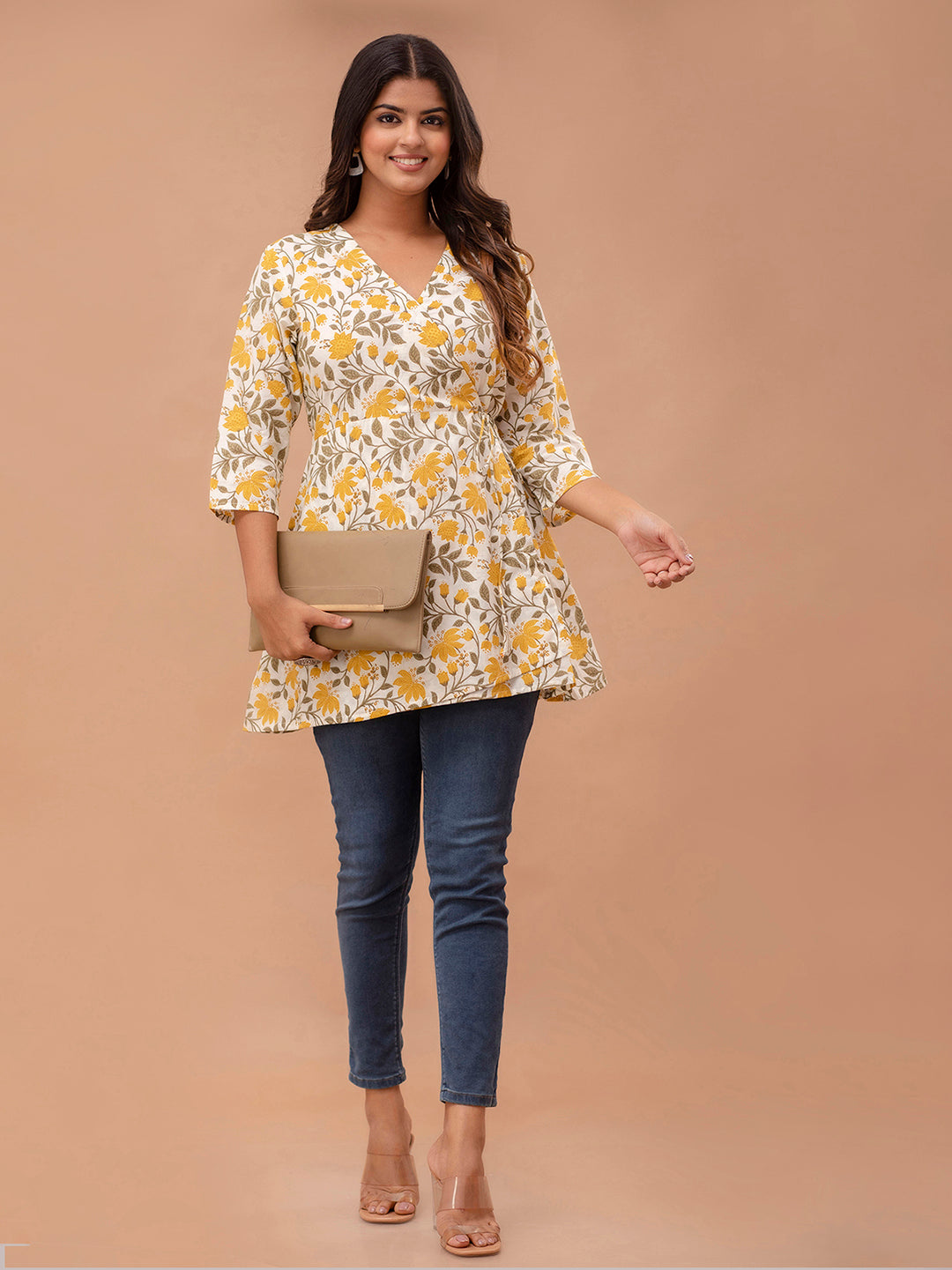 Floral Printed V-Neck Pure Cotton Angrakha A-Line Kurti FRKT6277