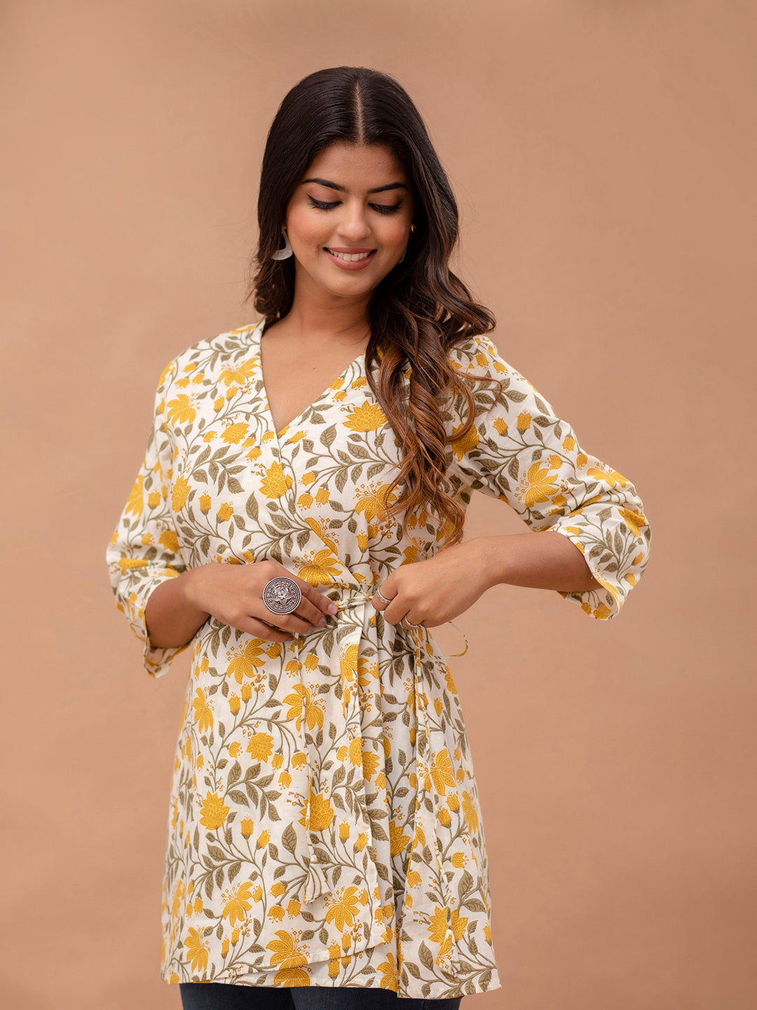 Floral Printed V-Neck Pure Cotton Angrakha A-Line Kurti FRKT6277