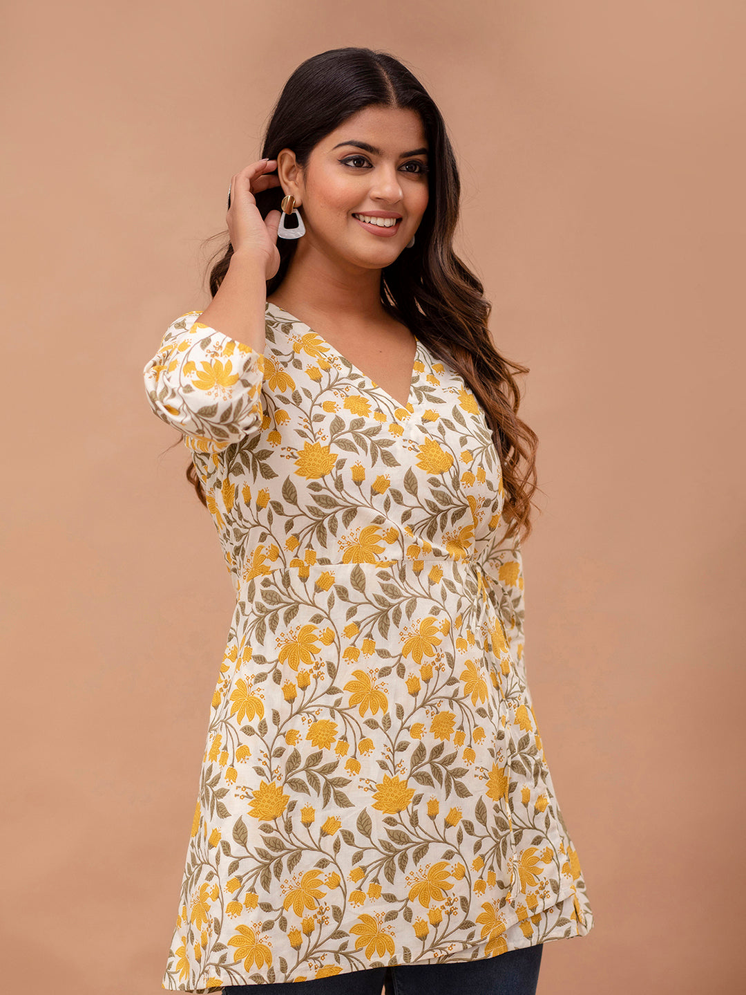 Floral Printed V-Neck Pure Cotton Angrakha A-Line Kurti FRKT6277