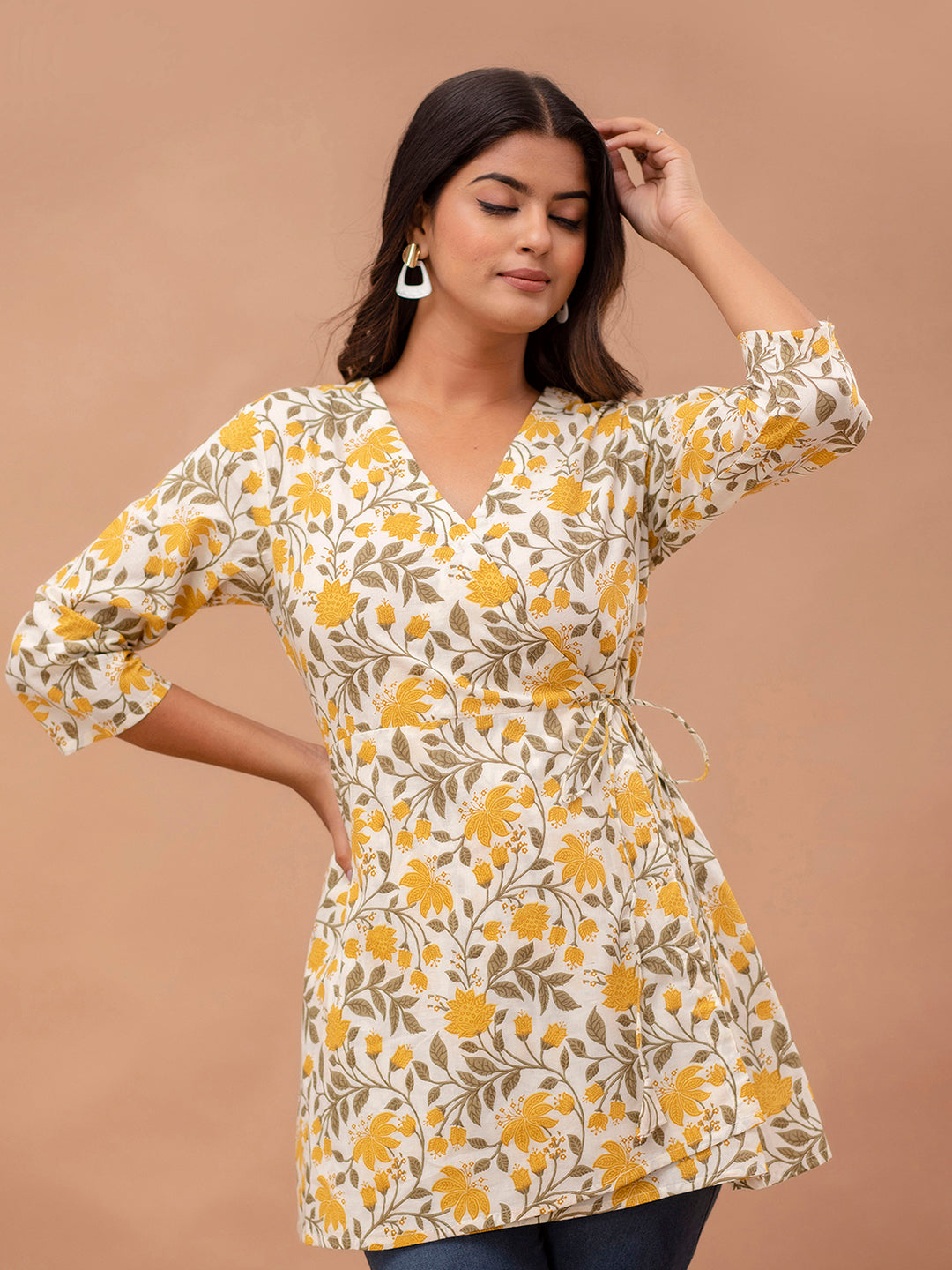 Floral Printed V-Neck Pure Cotton Angrakha A-Line Kurti FRKT6277
