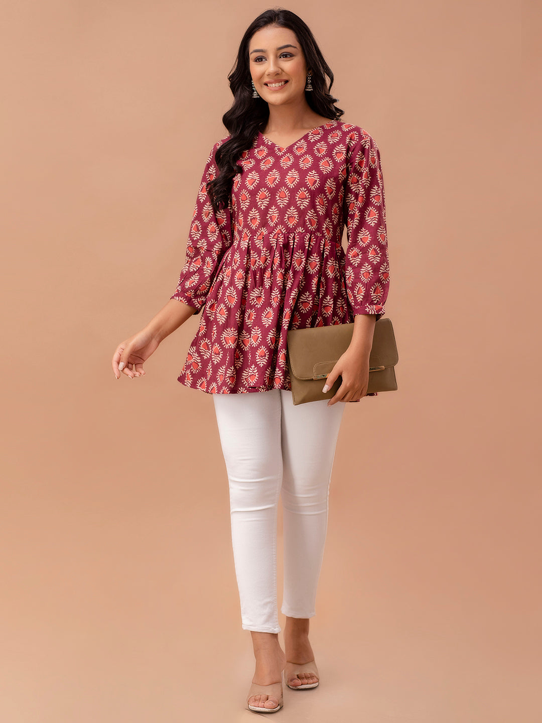 Floral Printed V-Neck Pure Cotton Pleated A-Line Kurti FRKT6289