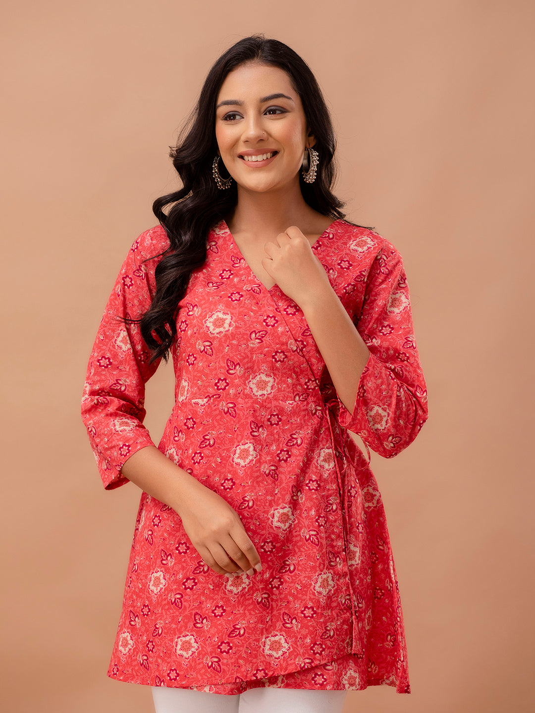 Floral Printed V-Neck Pure Cotton Angrakha A-Line Kurti FRKT6269