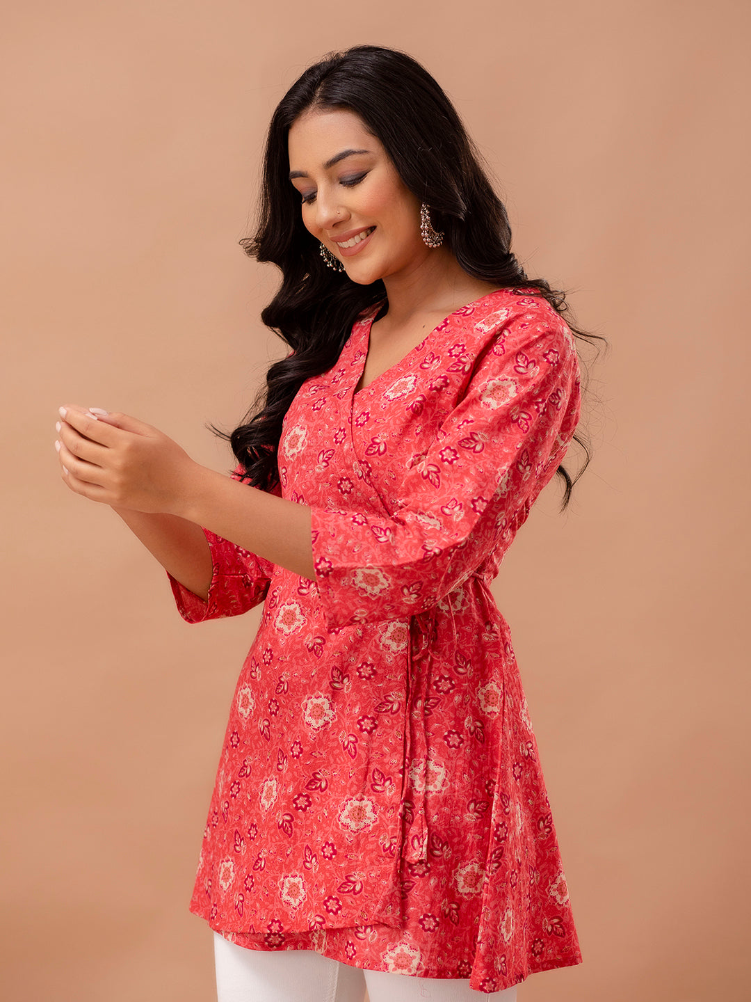 Floral Printed V-Neck Pure Cotton Angrakha A-Line Kurti FRKT6269
