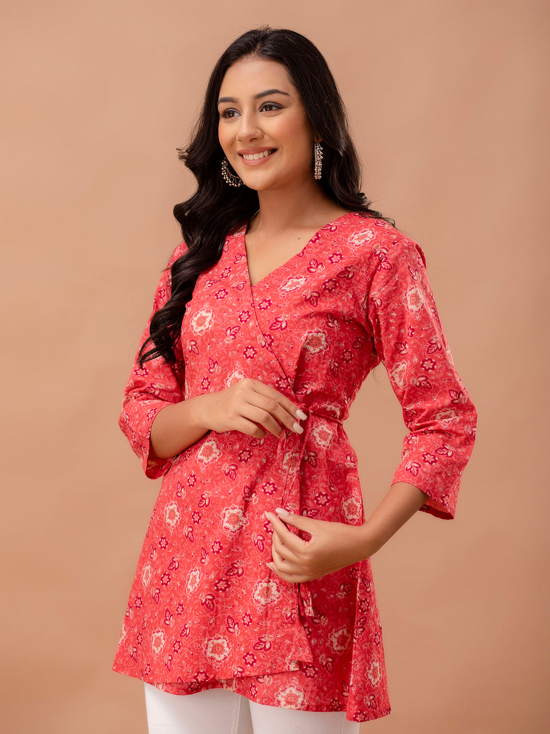 Floral Printed V-Neck Pure Cotton Angrakha A-Line Kurti FRKT6269