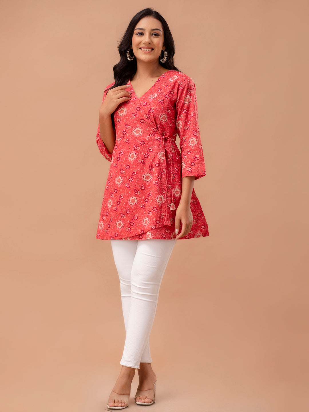 Floral Printed V-Neck Pure Cotton Angrakha A-Line Kurti FRKT6269