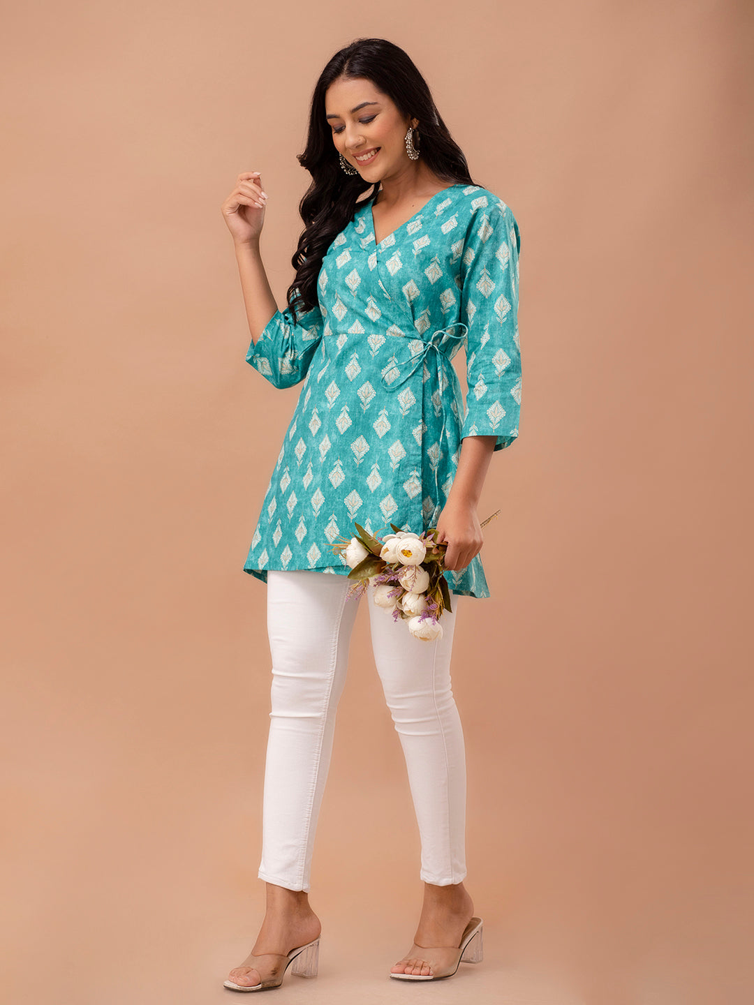Floral Printed V-Neck Pure Cotton Angrakha A-Line Kurti FRKT6271