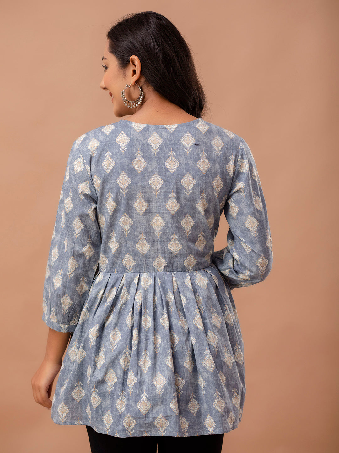 Floral Printed V-Neck Pure Cotton Pleated A-Line Kurti FRKT6293