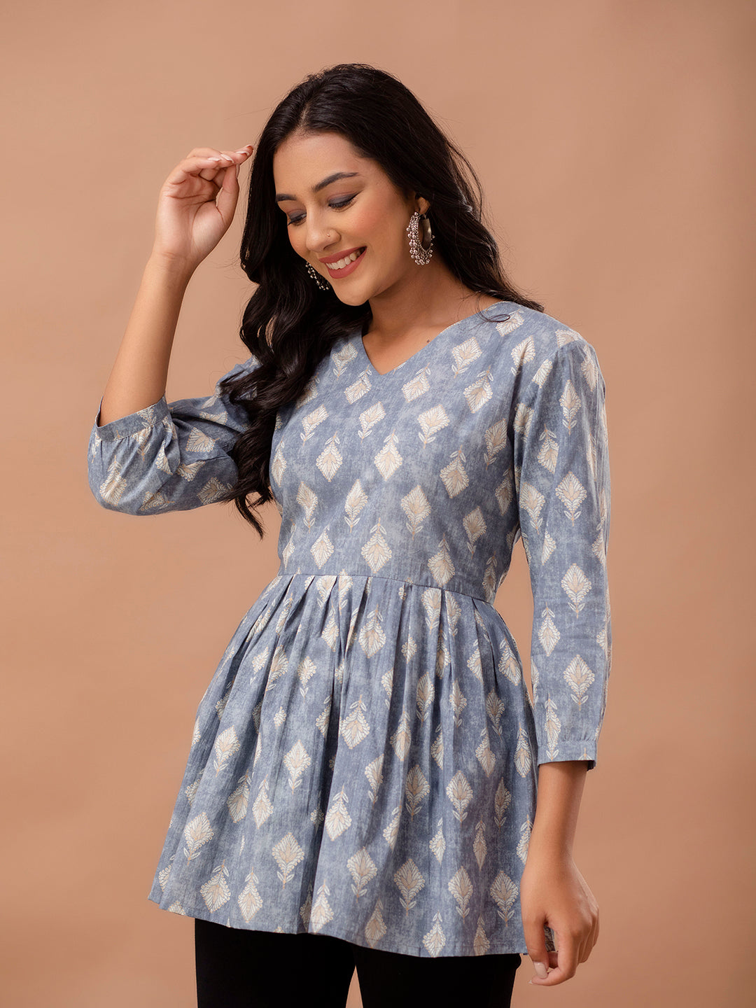 Floral Printed V-Neck Pure Cotton Pleated A-Line Kurti FRKT6293