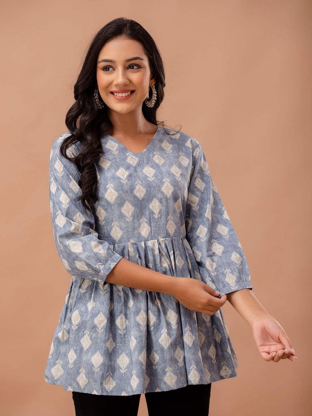 Floral Printed V-Neck Pure Cotton Pleated A-Line Kurti FRKT6293