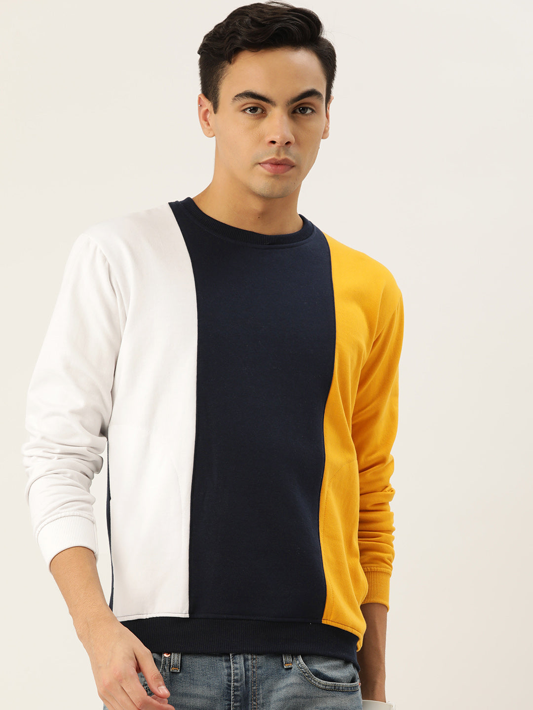 COLOR BLOCK WHITE BLUE MUSTARD SWEATSHIRT