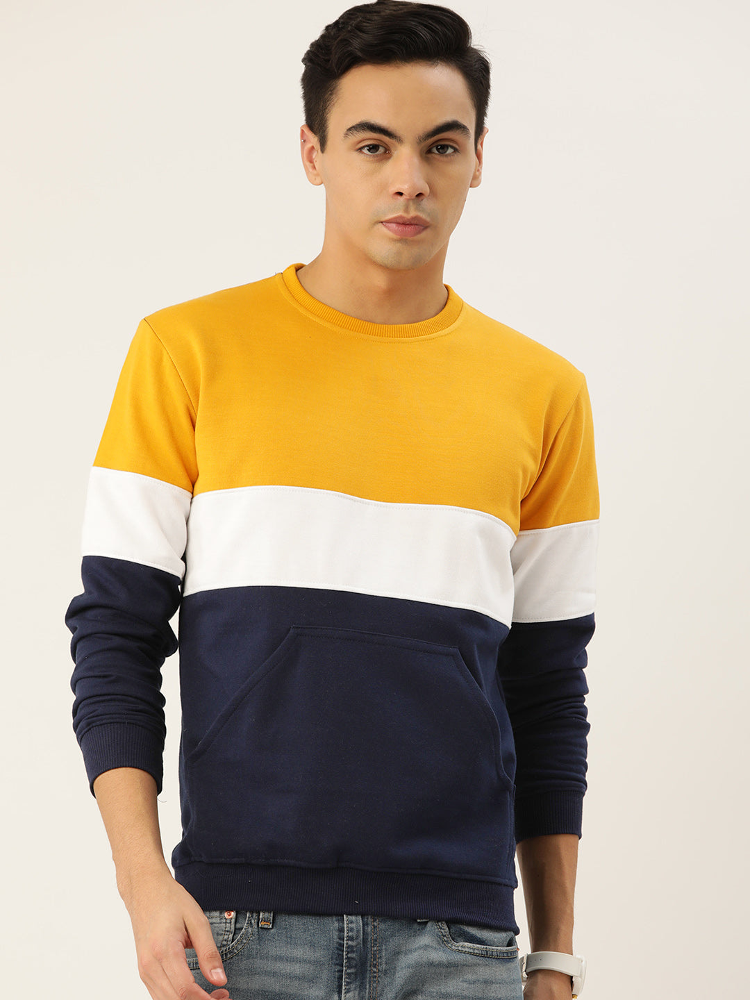 COLOR BLOCK MUSTARD WHITE BLUE SWEATSHIRT