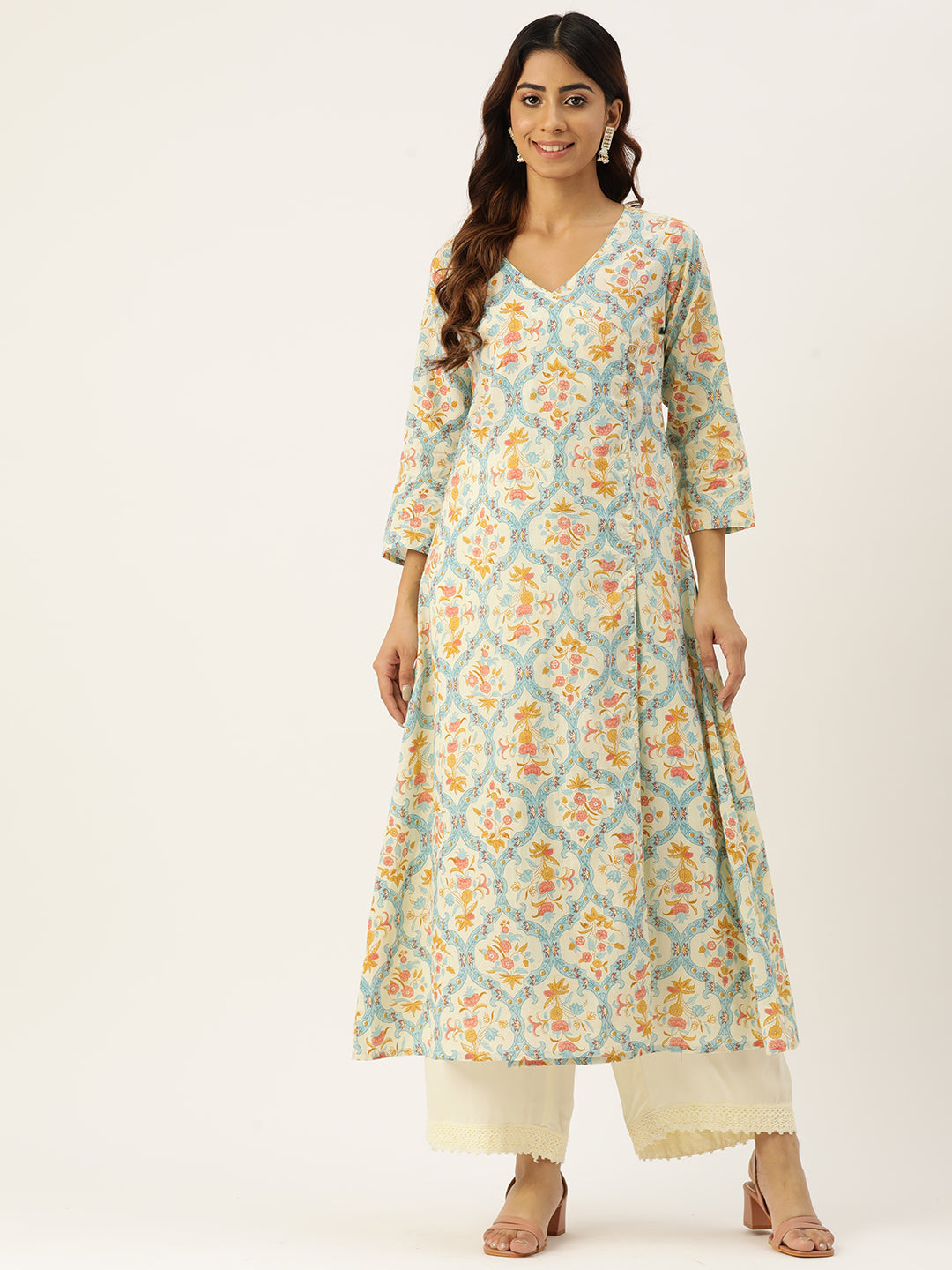 Floral Print 4 Button Angrakha Long Kurti FRKT6431