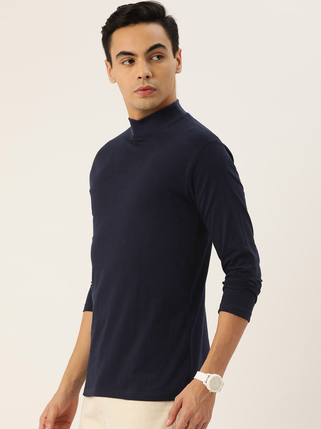Men Navy Blue High Neck Bio Finish T-Shirt