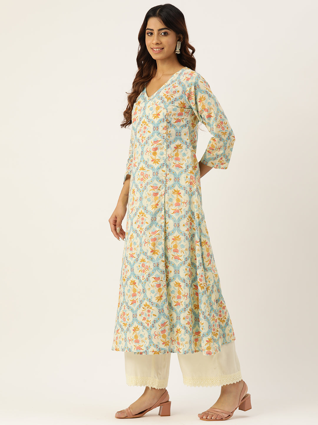 Floral Print 4 Button Angrakha Long Kurti FRKT6431