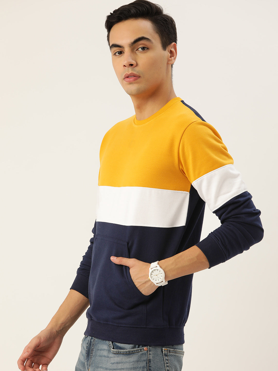 COLOR BLOCK MUSTARD WHITE BLUE SWEATSHIRT