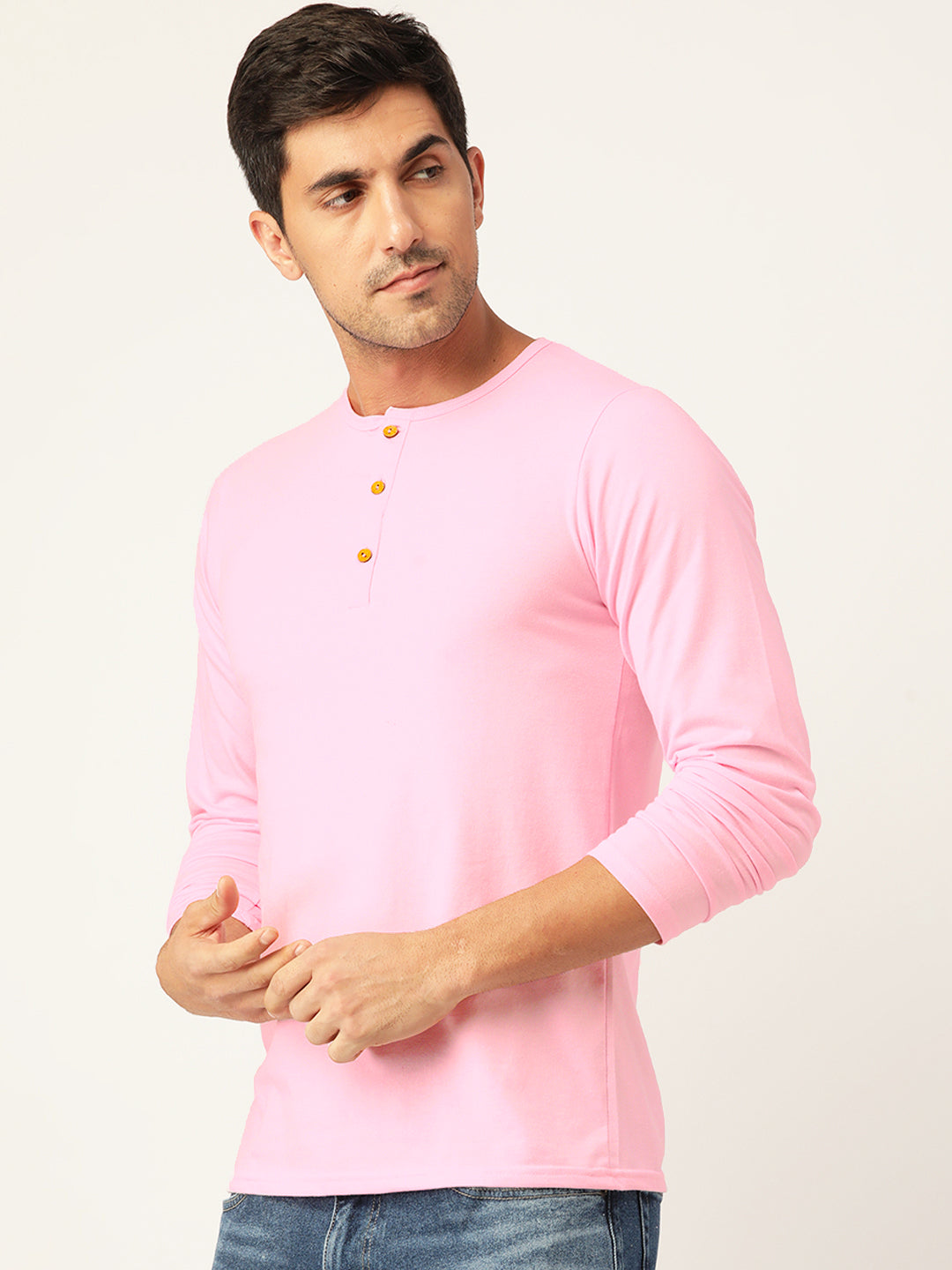 Plain Baby Pink Henley Full Sleeves T-Shirt