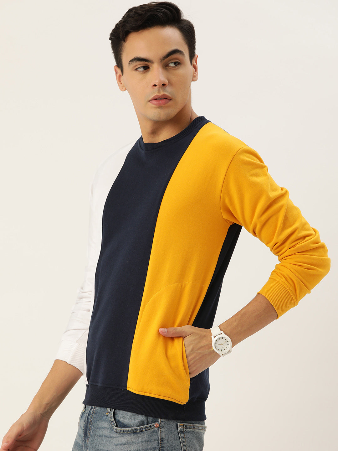 COLOR BLOCK WHITE BLUE MUSTARD SWEATSHIRT