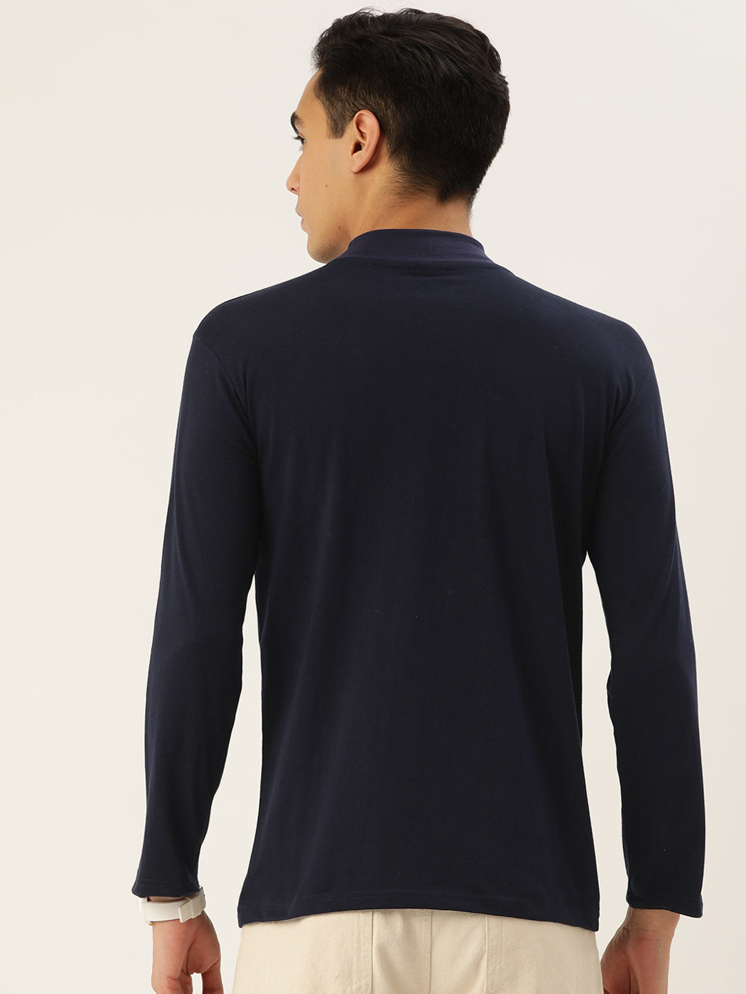 Men Navy Blue High Neck Bio Finish T-Shirt