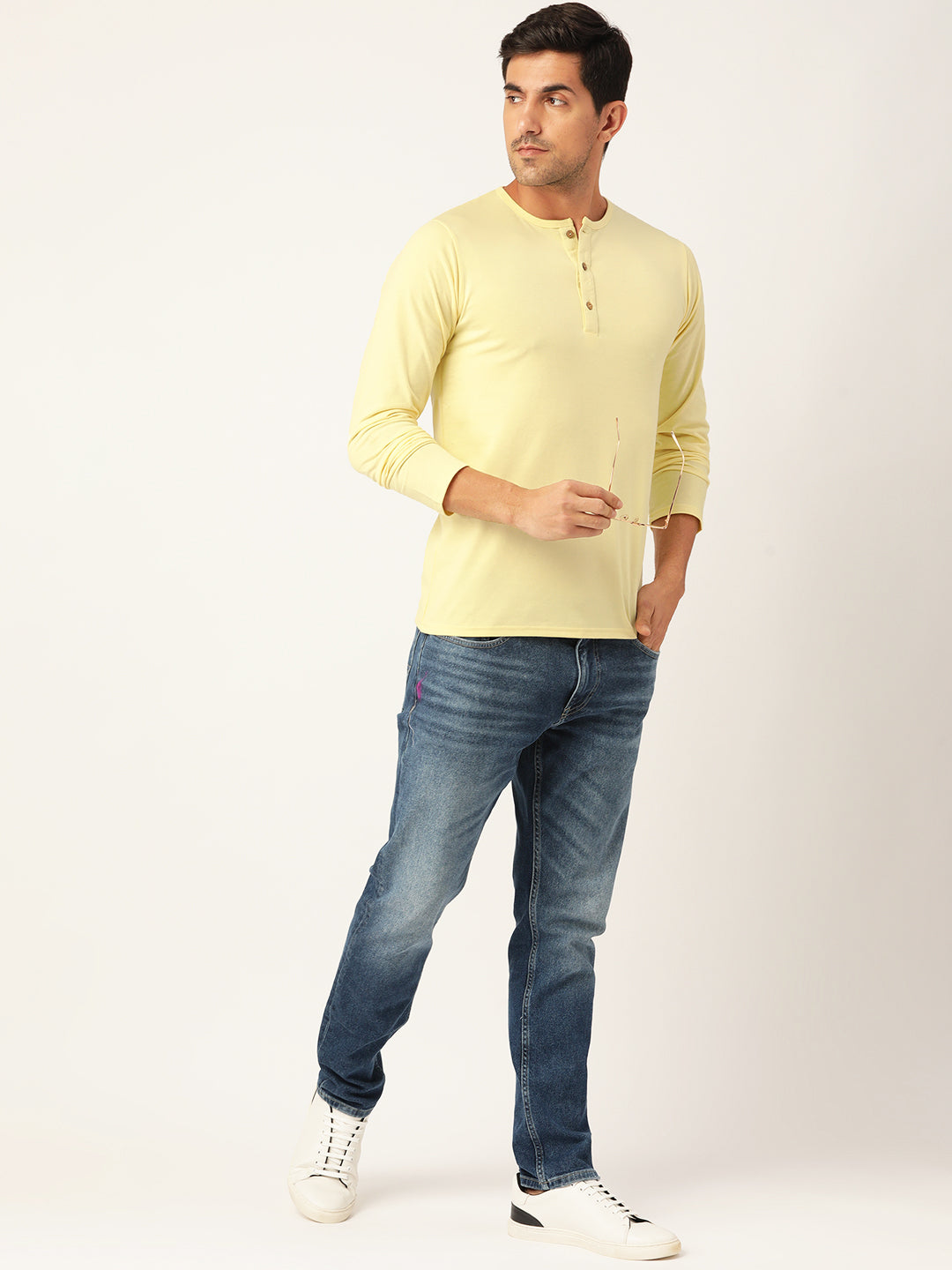 Plain Lemon Yellow Henley Full Sleeves T-Shirt