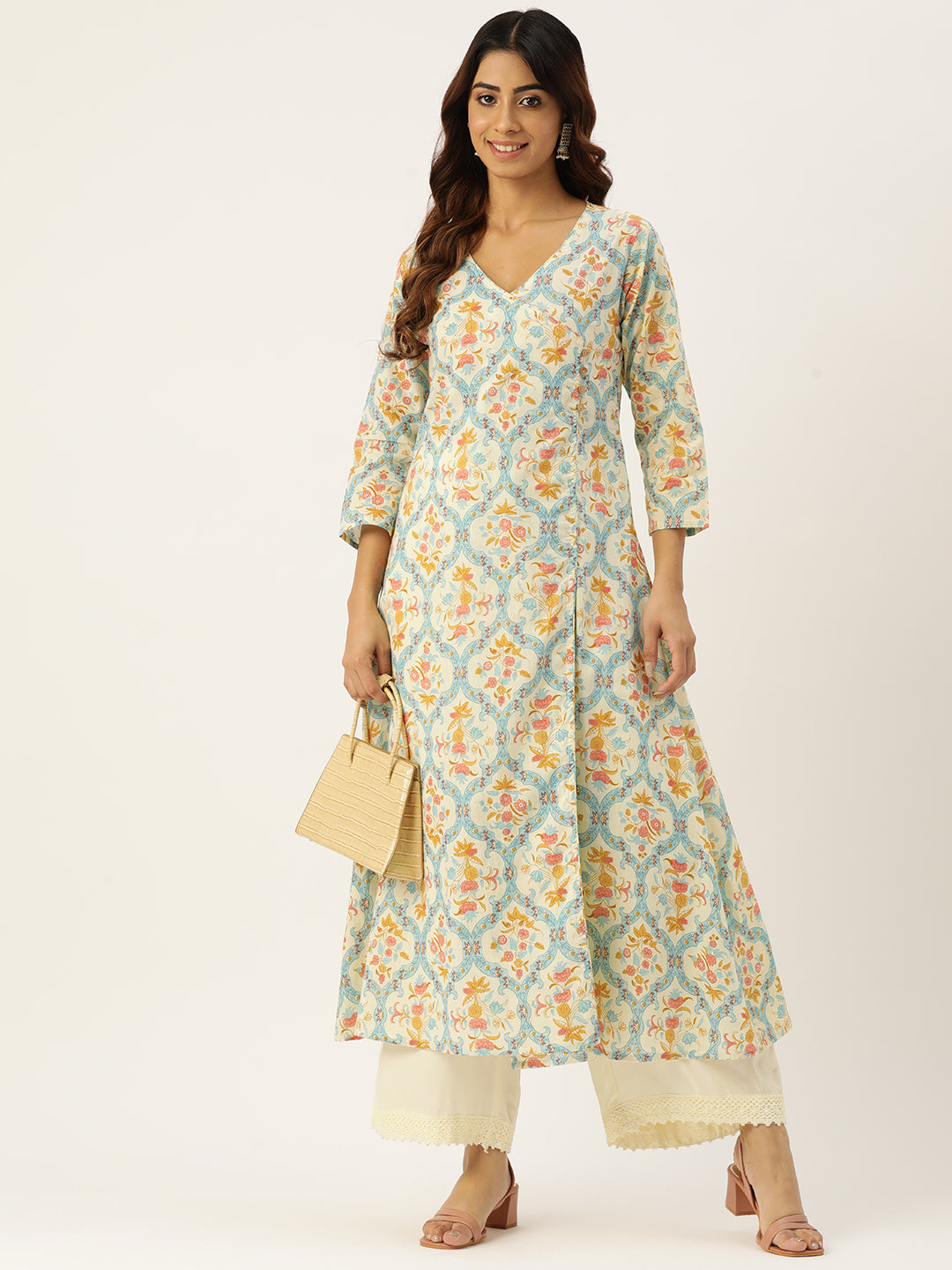 Floral Print 4 Button Angrakha Long Kurti FRKT6431