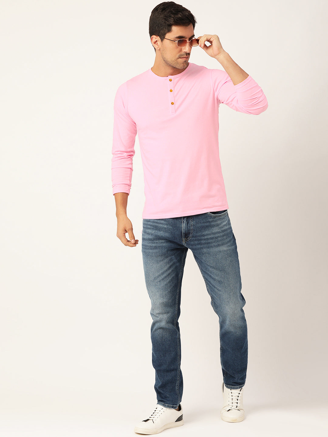 Plain Baby Pink Henley Full Sleeves T-Shirt