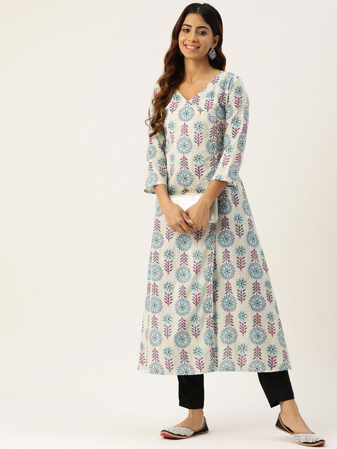 Floral Print 4 Button Angrakha Long Kurti FRKT6433