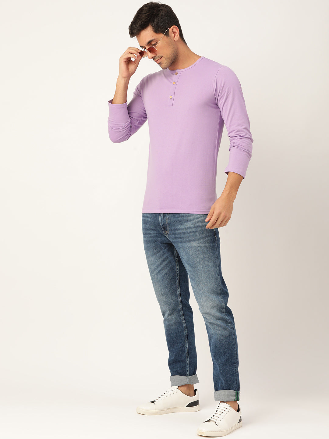 Plain Purple Henley Full Sleeves T-Shirt