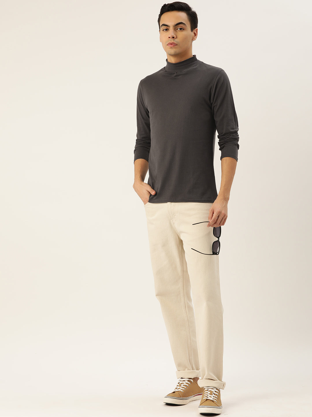 Men Grey High Neck Bio Finish T-Shirt