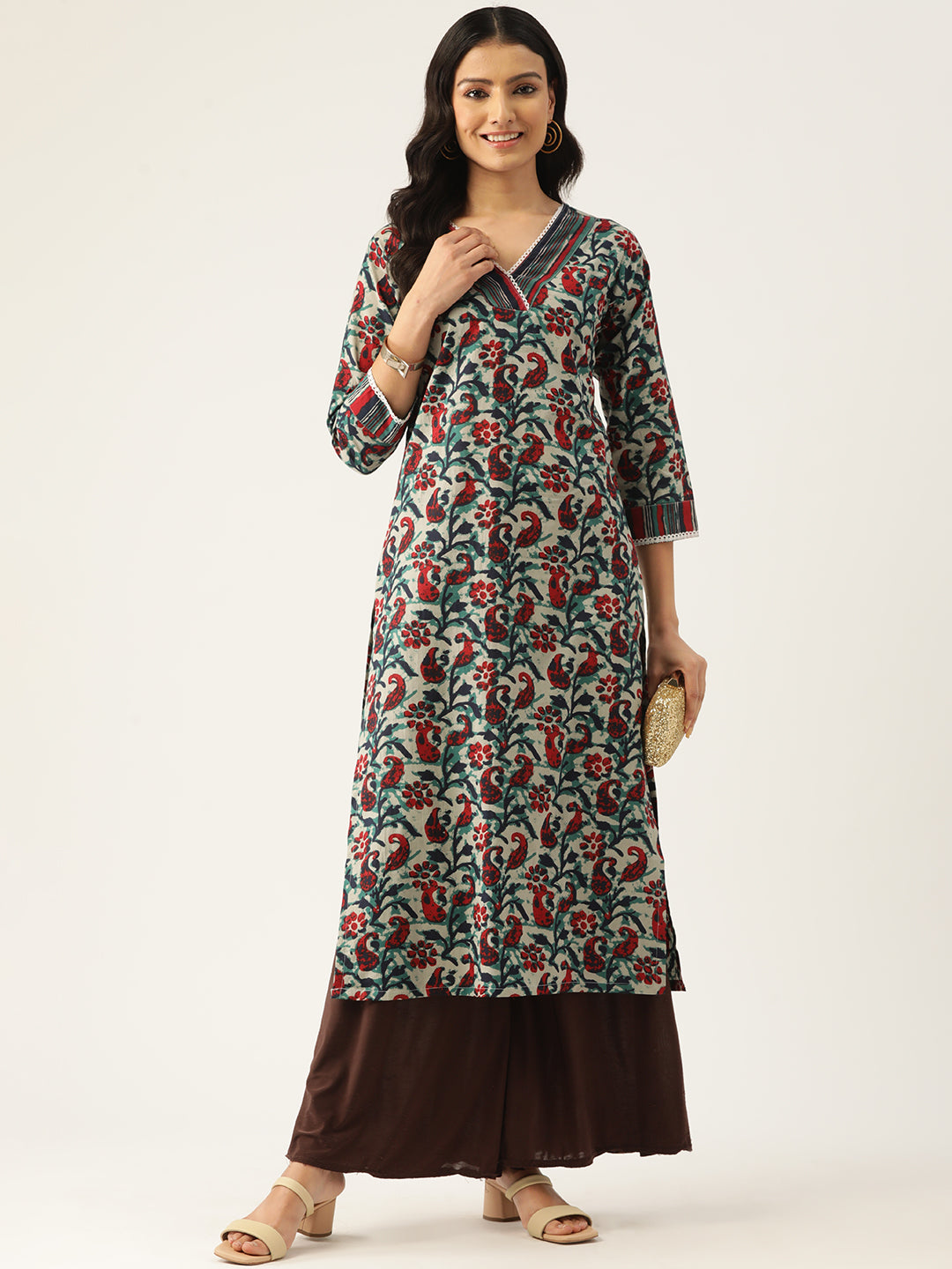 Feranoid Cotton Printed V-Neck Short 3/4 Sleeve Kurti FRKT6337
