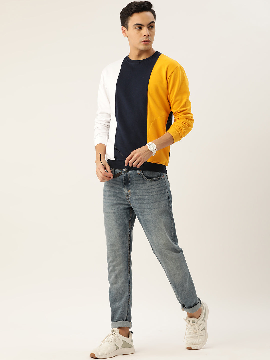 COLOR BLOCK WHITE BLUE MUSTARD SWEATSHIRT