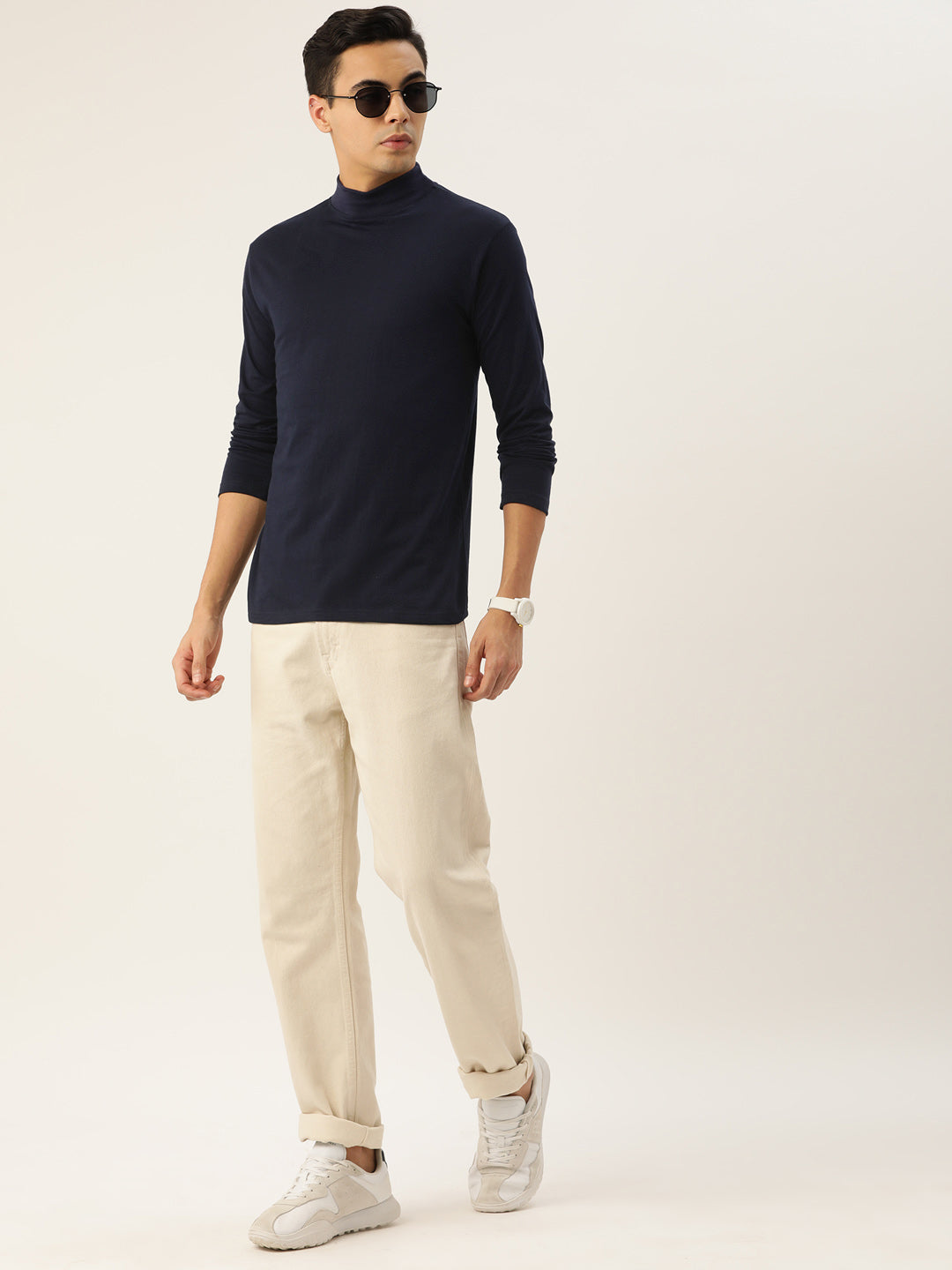 Men Navy Blue High Neck Bio Finish T-Shirt
