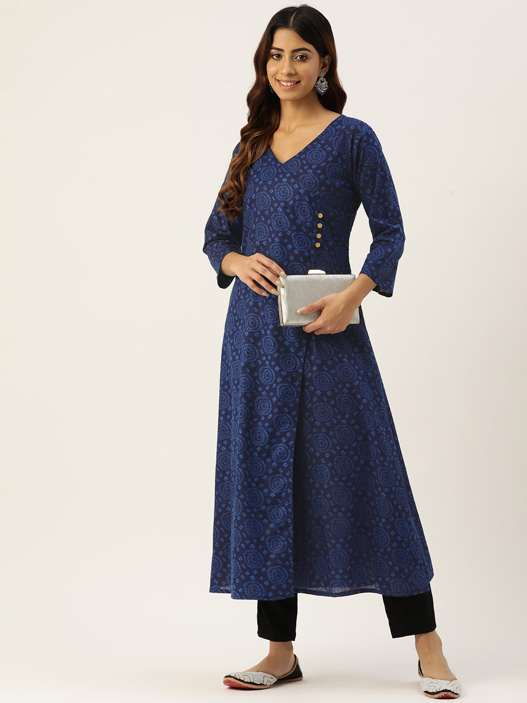 Floral Print 4 Button Angrakha Long Kurti FRKT6432