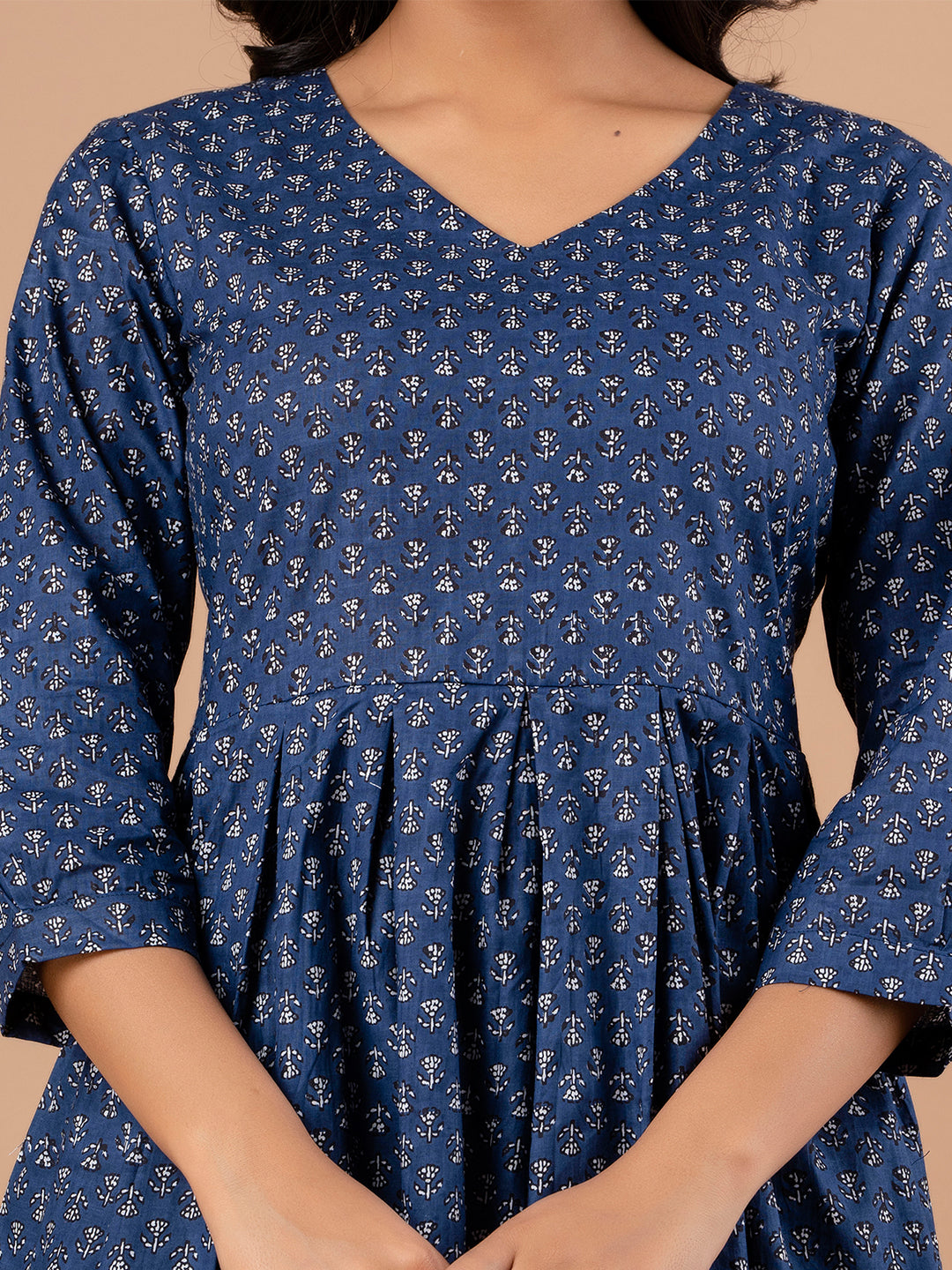 Ethnic Motifs Printed Gathers Cotton Tunic FRKT6125