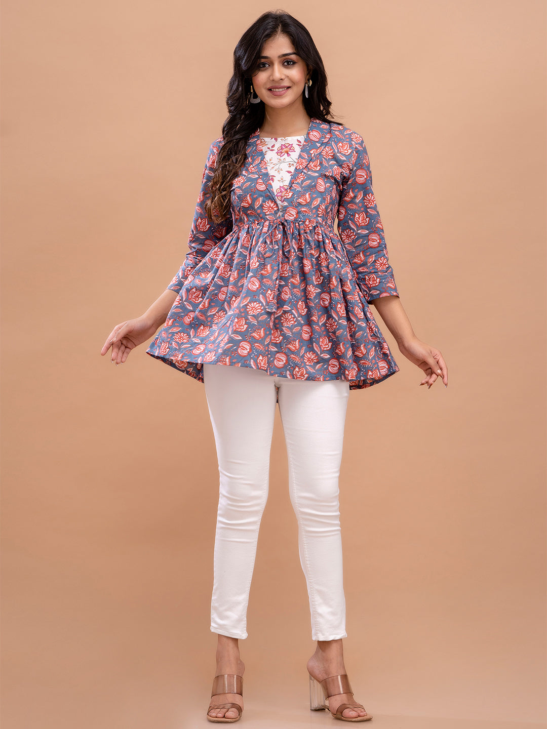 Floral Printed Shirt Collar Pure Cotton Pleated Kurti FRKT6212