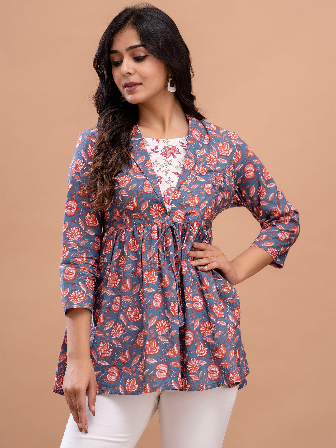 Floral Printed Shirt Collar Pure Cotton Pleated Kurti FRKT6212
