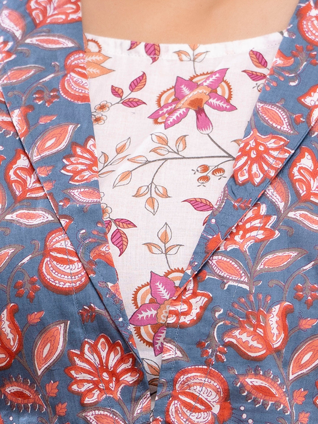 Floral Printed Shirt Collar Pure Cotton Pleated Kurti FRKT6212
